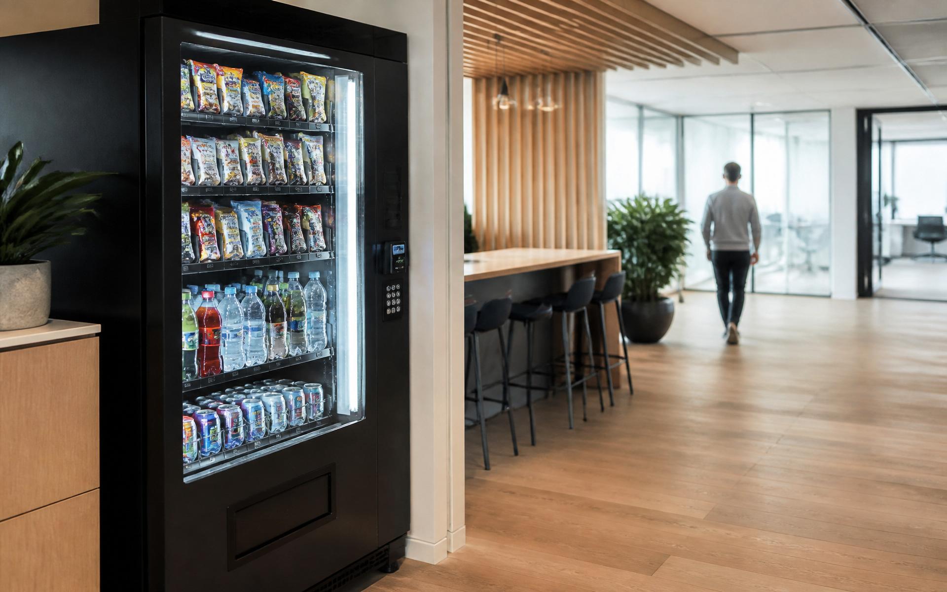 Moderne vendingmachine met snacks en dranken in een verzorgd kantoor